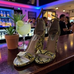 Steve Madden Carrson Yellow Green and Black Snake-Print Ankle-Strap Heels